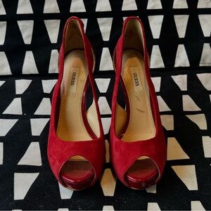 Guess Red Suede Peep Toe Heels